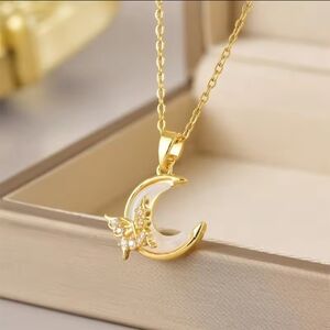 Gold Crescent Moon Necklace with Crystal Accents